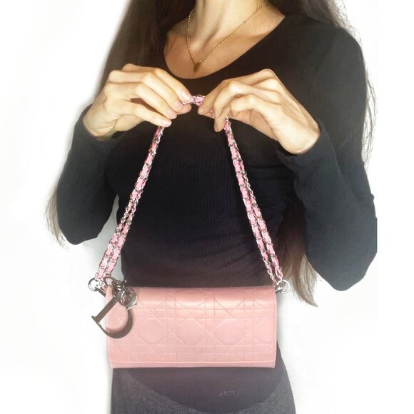 Authentic DIOR Lady Dior Long Flap Wallet Pink Trotter Cannage Lambskin Leather - Picture 2 of 13